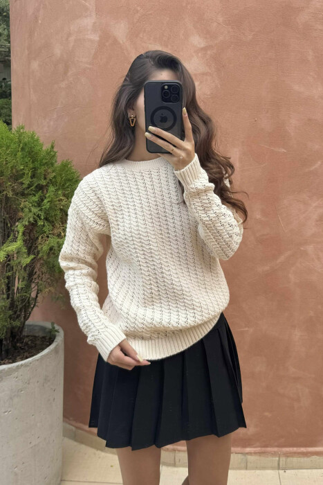 ONE COLOR KNITTED SIMPLE WOMEN SWEATER LIGHT BEIGE/BZHZB - 4