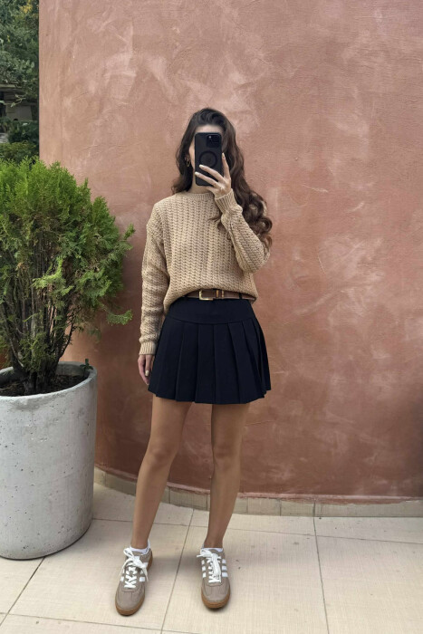 ONE COLOR KNITTED SIMPLE WOMEN SWEATER LIGHT BROWN/KAZB 