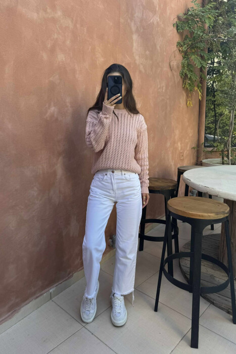 ONE COLOR KNITTED SIMPLE WOMEN SWEATER POWDER/PUDER - 1