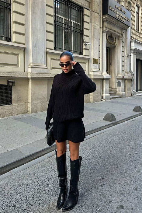 ONE COLOR KNITTED SWEATER+SKIRT WOMEN SET BLACK/ E ZEZE - 2