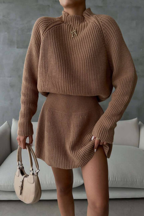 ONE COLOR KNITTED SWEATER+SKIRT WOMEN SET BROWN/KAFE - 3