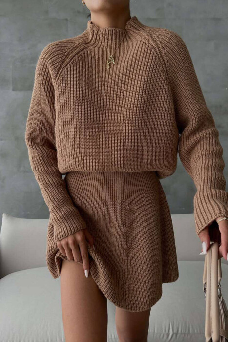 ONE COLOR KNITTED SWEATER+SKIRT WOMEN SET BROWN/KAFE - 5