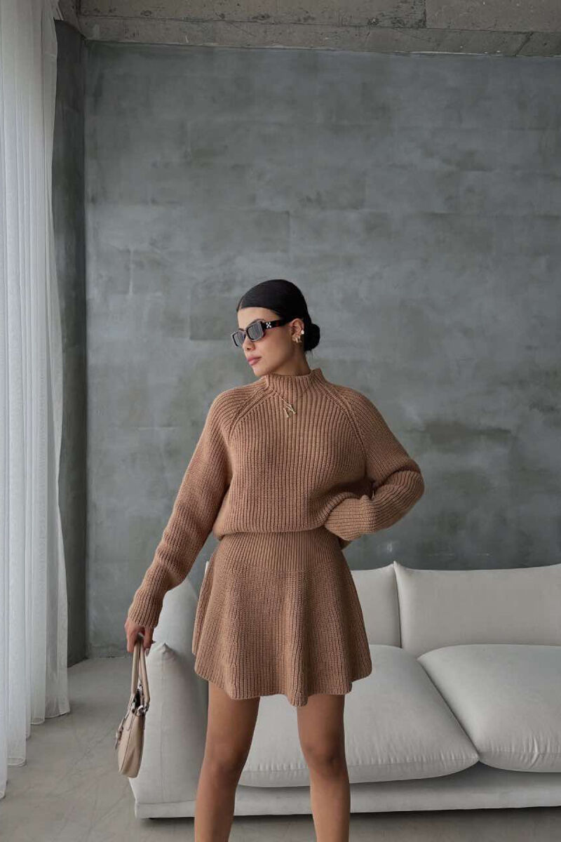 ONE COLOR KNITTED SWEATER+SKIRT WOMEN SET BROWN/KAFE - 5