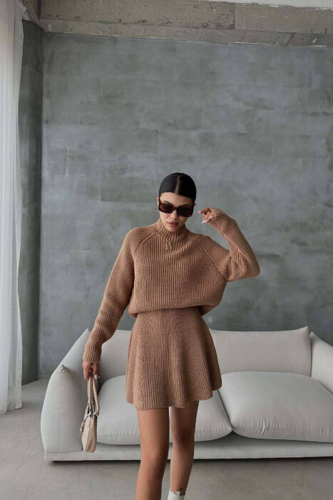 ONE COLOR KNITTED SWEATER+SKIRT WOMEN SET BROWN/KAFE - 8