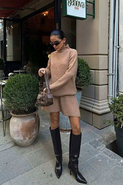 ONE COLOR KNITTED SWEATER+SKIRT WOMEN SET BROWN/KAFE - 2