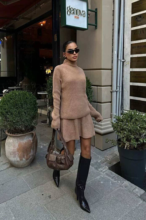 ONE COLOR KNITTED SWEATER+SKIRT WOMEN SET BROWN/KAFE - 4