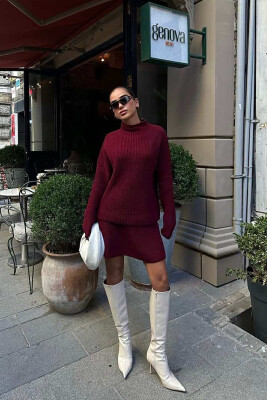 ONE COLOR KNITTED SWEATER+SKIRT WOMEN SET BURGUNDY/VISHNJE 