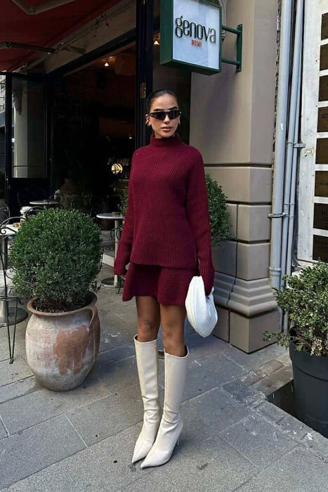 ONE COLOR KNITTED SWEATER+SKIRT WOMEN SET BURGUNDY/VISHNJE - 2