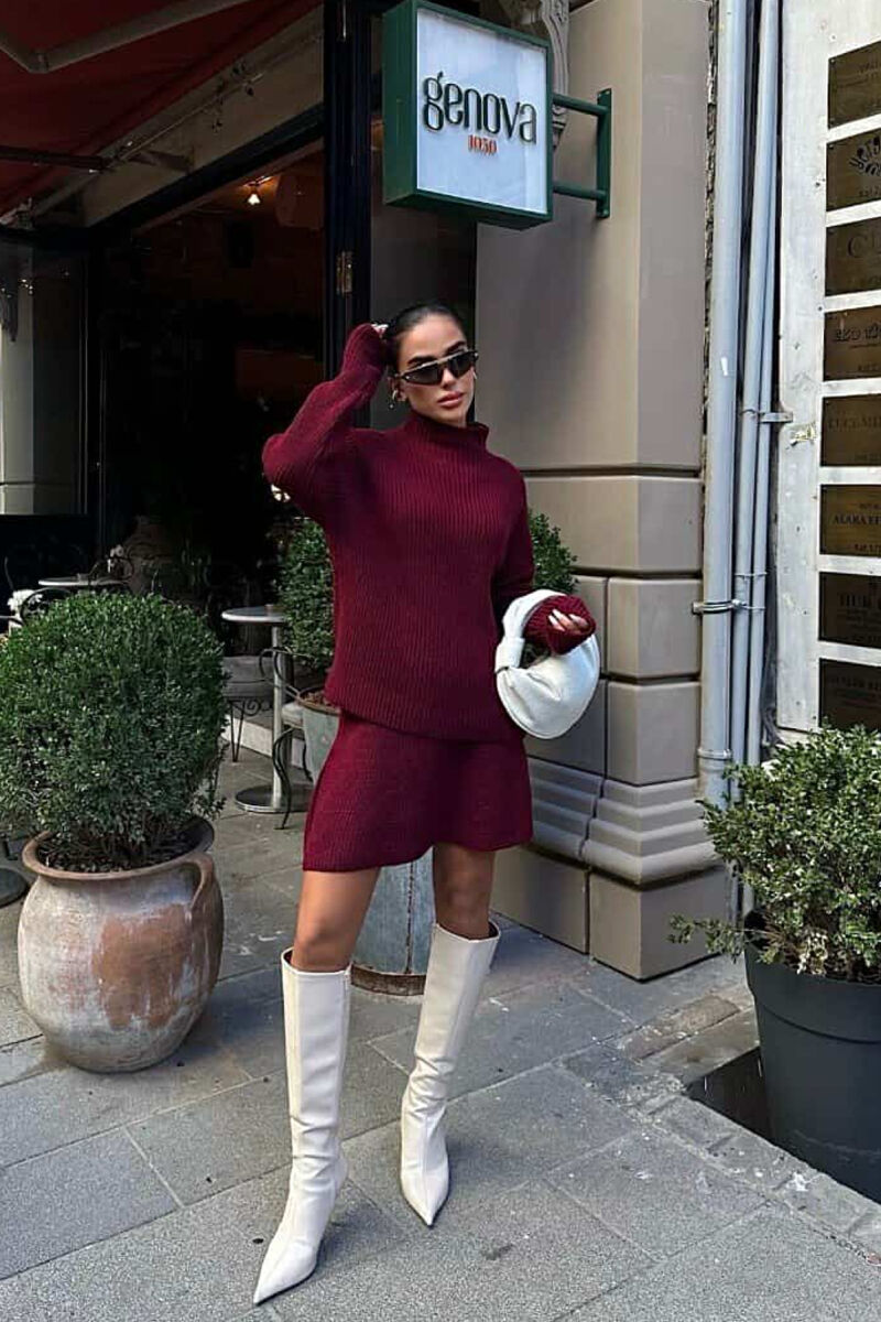 ONE COLOR KNITTED SWEATER+SKIRT WOMEN SET BURGUNDY/VISHNJE - 3