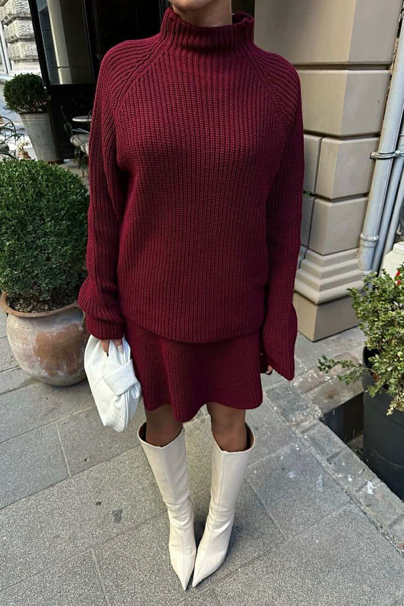 ONE COLOR KNITTED SWEATER+SKIRT WOMEN SET BURGUNDY/VISHNJE - 4