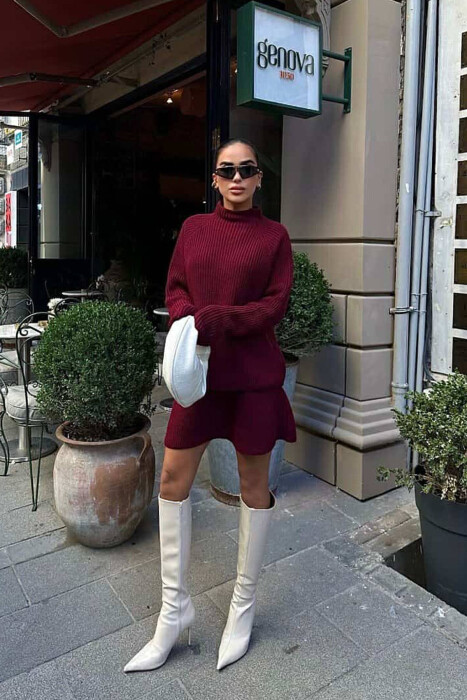 ONE COLOR KNITTED SWEATER+SKIRT WOMEN SET BURGUNDY/VISHNJE - 6