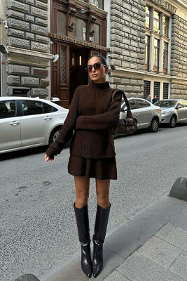 ONE COLOR KNITTED SWEATER+SKIRT WOMEN SET DARK BROWN/KAE 