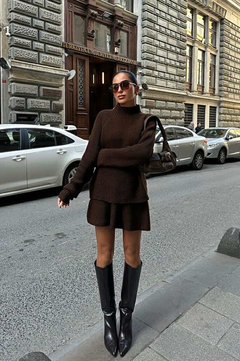 ONE COLOR KNITTED SWEATER+SKIRT WOMEN SET DARK BROWN/KAE - 1