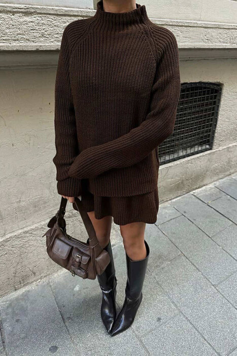 ONE COLOR KNITTED SWEATER+SKIRT WOMEN SET DARK BROWN/KAE - 3