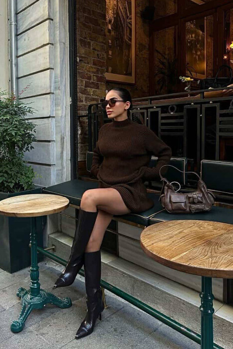 ONE COLOR KNITTED SWEATER+SKIRT WOMEN SET DARK BROWN/KAE - 5