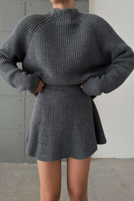 ONE COLOR KNITTED SWEATER+SKIRT WOMEN SET GREY/GRI 