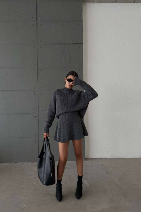 ONE COLOR KNITTED SWEATER+SKIRT WOMEN SET GREY/GRI - 5