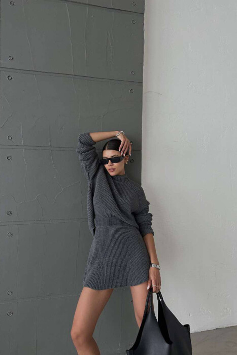 ONE COLOR KNITTED SWEATER+SKIRT WOMEN SET GREY/GRI - 11