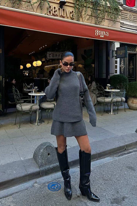 ONE COLOR KNITTED SWEATER+SKIRT WOMEN SET GREY/GRI - 2