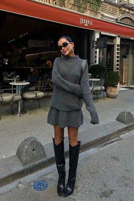 ONE COLOR KNITTED SWEATER+SKIRT WOMEN SET GREY/GRI - 6