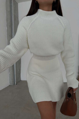 ONE COLOR KNITTED SWEATER+SKIRT WOMEN SET WHITE-E BARDHE 