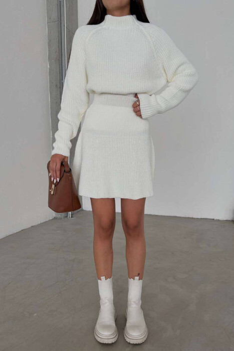 ONE COLOR KNITTED SWEATER+SKIRT WOMEN SET WHITE-E BARDHE - 4