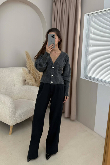 ONE COLOR KNITTED WOMEN CARDIGAN DARK GREY/GEE - 1