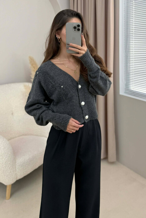 ONE COLOR KNITTED WOMEN CARDIGAN DARK GREY/GEE - 3