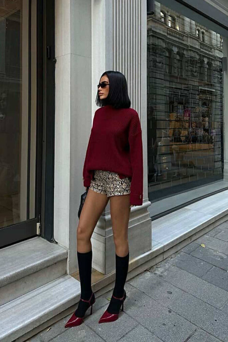 ONE COLOR KNITTED WOMEN SWEATER BURGUNDY/VISHNJE - 5