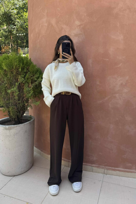 ONE COLOR KNITTED WOMEN SWEATER CREAM/KREM - 4