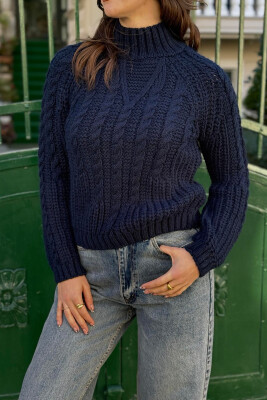 ONE COLOR KNITTED WOMEN SWEATER DARK BLUE/BEE 