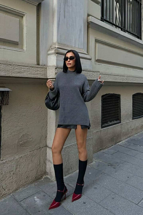 ONE COLOR KNITTED WOMEN SWEATER GREY/GRI 