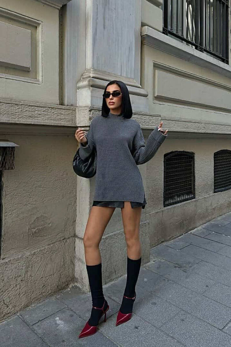 ONE COLOR KNITTED WOMEN SWEATER GREY/GRI - 1