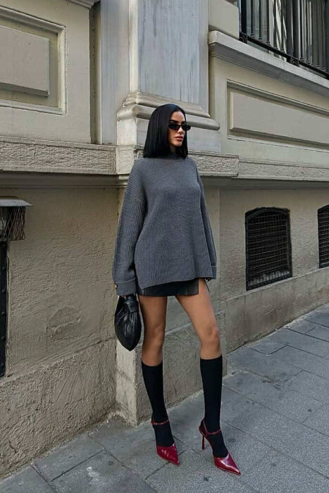 ONE COLOR KNITTED WOMEN SWEATER GREY/GRI - 3