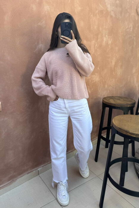 ONE COLOR KNITTED WOMEN SWEATER POWDER/PUDER - 4