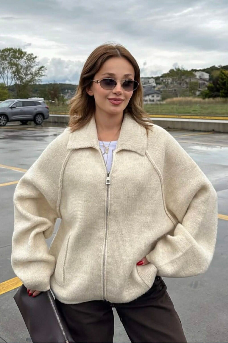 ONE COLOR KNITTED ZIPPER WOMEN CARDIGAN BEIGE/BEZHE - 1