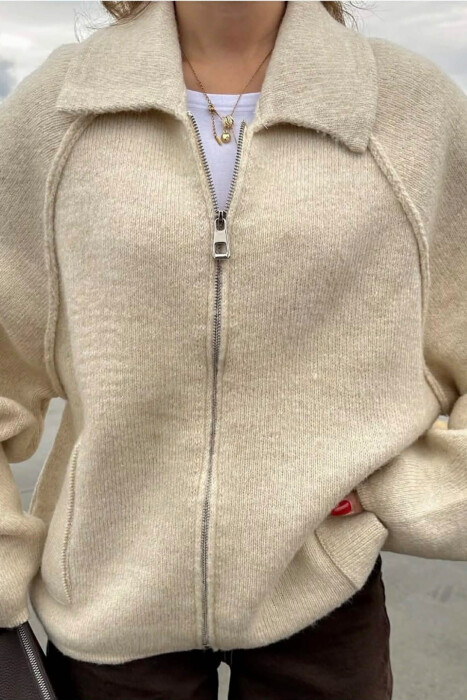 ONE COLOR KNITTED ZIPPER WOMEN CARDIGAN BEIGE/BEZHE - 2