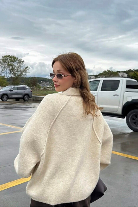 ONE COLOR KNITTED ZIPPER WOMEN CARDIGAN BEIGE/BEZHE - 3