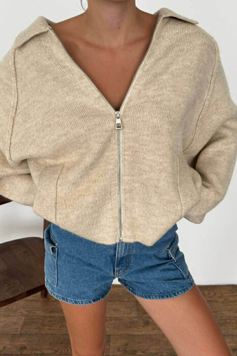 ONE COLOR KNITTED ZIPPER WOMEN CARDIGAN BEIGE/BEZHE - 2