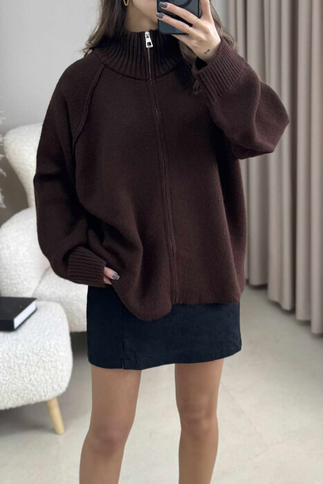 ONE COLOR KNITTED ZIPPER WOMEN CARDIGAN BROWN/KAFE - 4