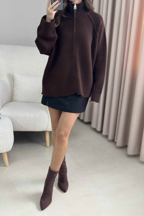 ONE COLOR KNITTED ZIPPER WOMEN CARDIGAN BROWN/KAFE - 5