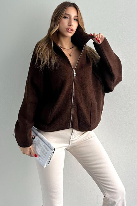 ONE COLOR KNITTED ZIPPER WOMEN CARDIGAN DARK BROWN/KAE - 4