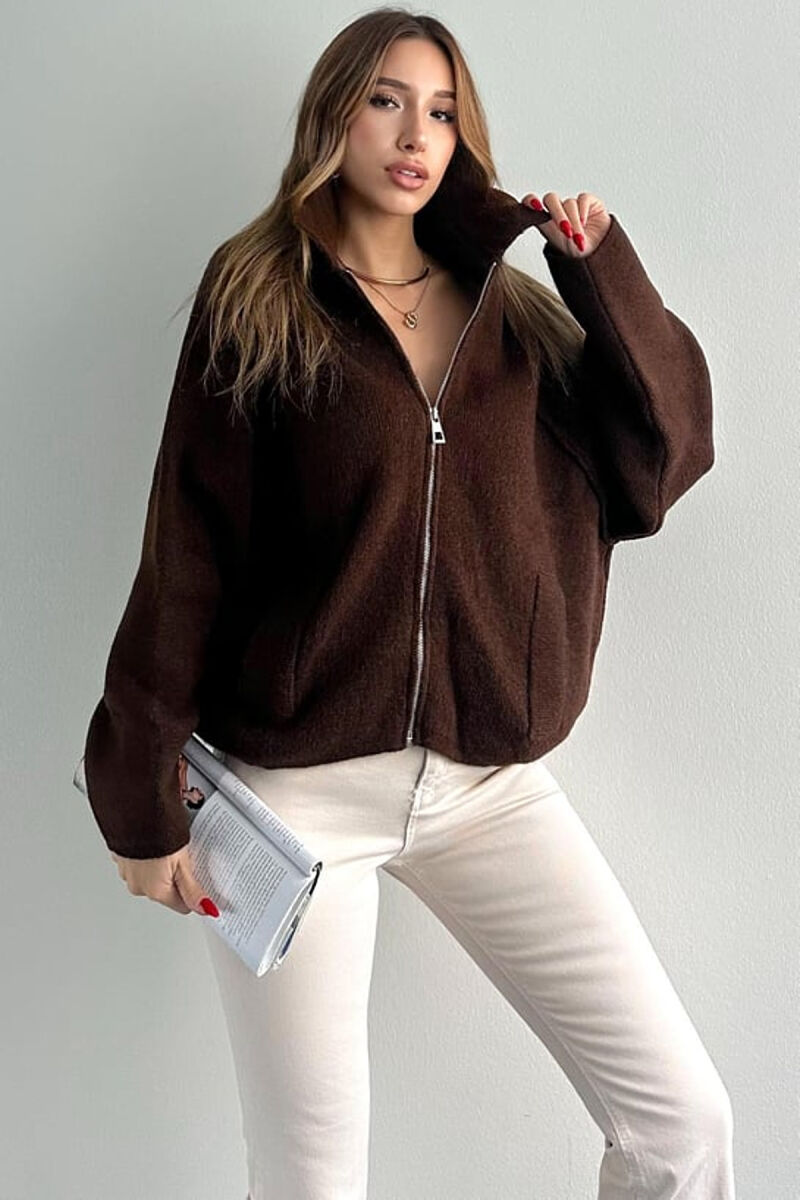 ONE COLOR KNITTED ZIPPER WOMEN CARDIGAN DARK BROWN/KAE - 4