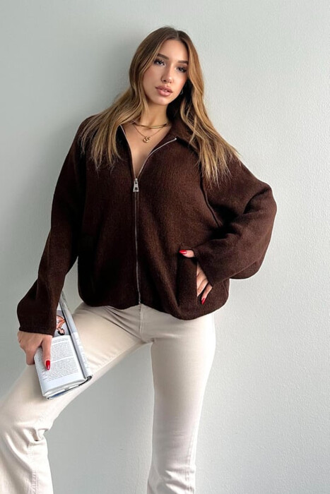 ONE COLOR KNITTED ZIPPER WOMEN CARDIGAN DARK BROWN/KAE - 2