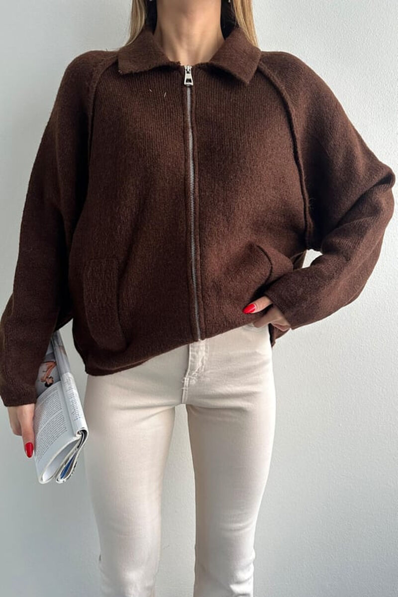ONE COLOR KNITTED ZIPPER WOMEN CARDIGAN DARK BROWN/KAE - 8
