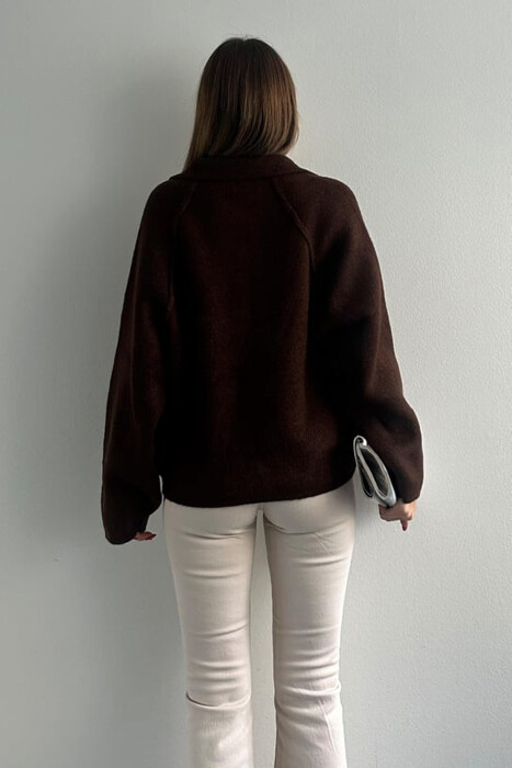 ONE COLOR KNITTED ZIPPER WOMEN CARDIGAN DARK BROWN/KAE - 5