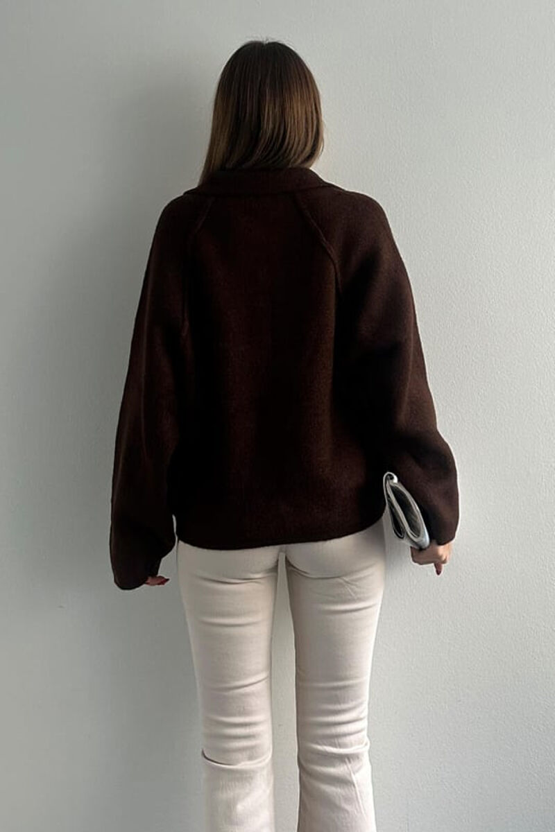 ONE COLOR KNITTED ZIPPER WOMEN CARDIGAN DARK BROWN/KAE - 5