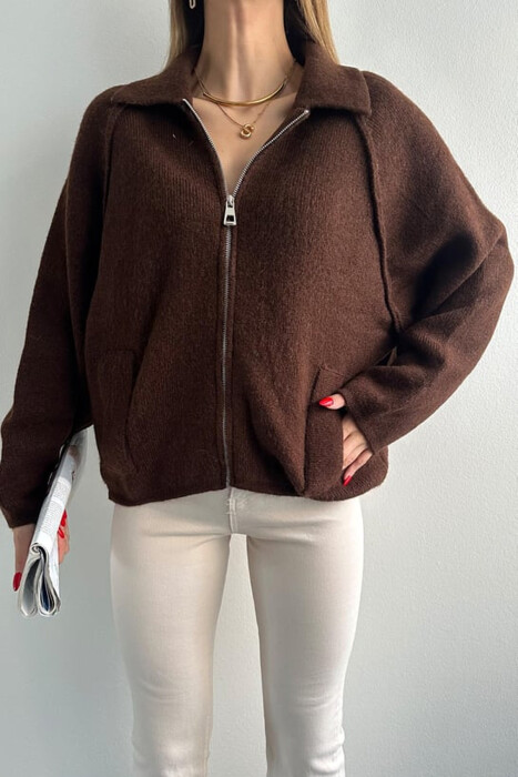 ONE COLOR KNITTED ZIPPER WOMEN CARDIGAN DARK BROWN/KAE - 7