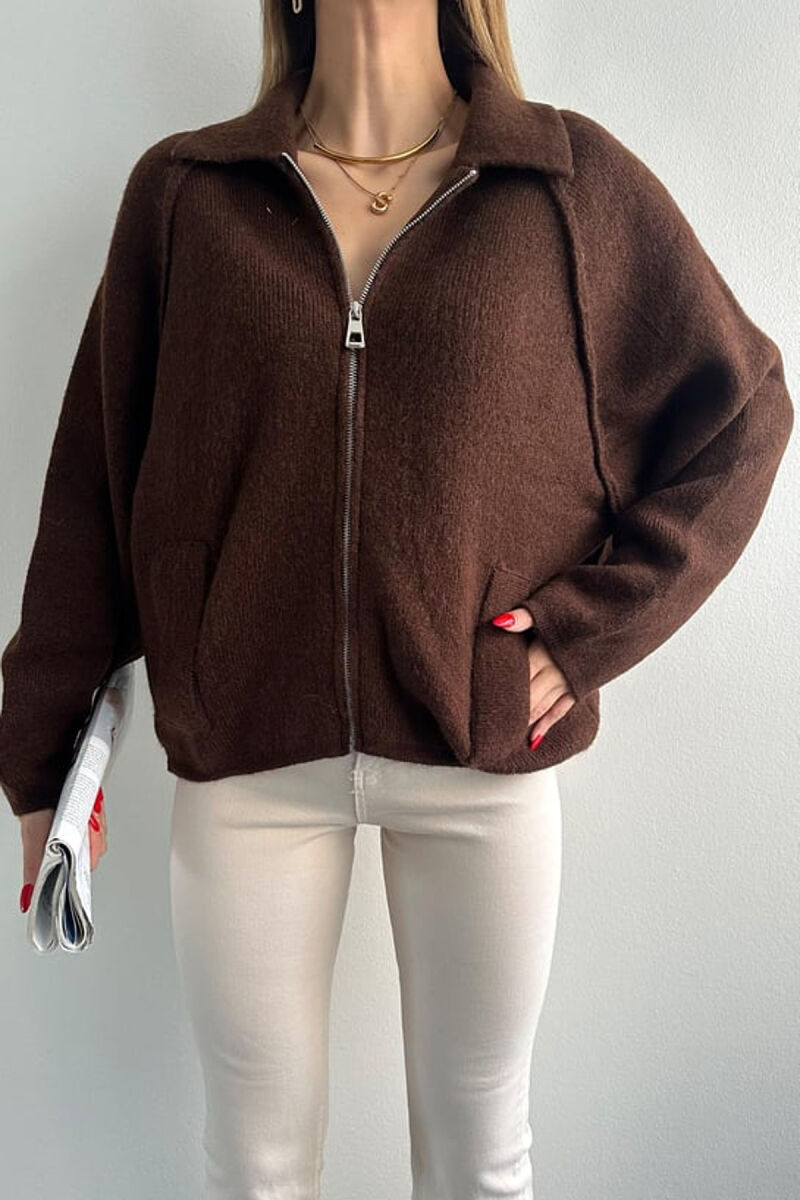 ONE COLOR KNITTED ZIPPER WOMEN CARDIGAN DARK BROWN/KAE - 7