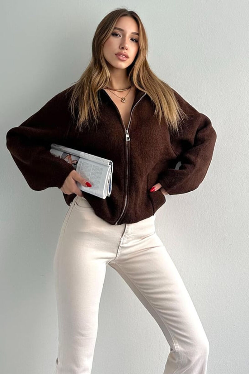 ONE COLOR KNITTED ZIPPER WOMEN CARDIGAN DARK BROWN/KAE - 3